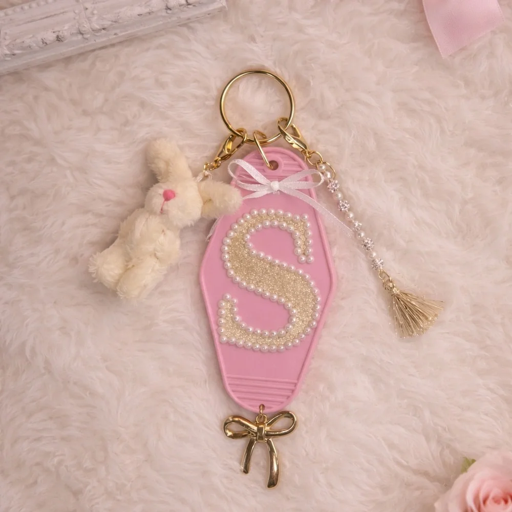 Pink Keychain with Gold Letter S and Bunny Charm